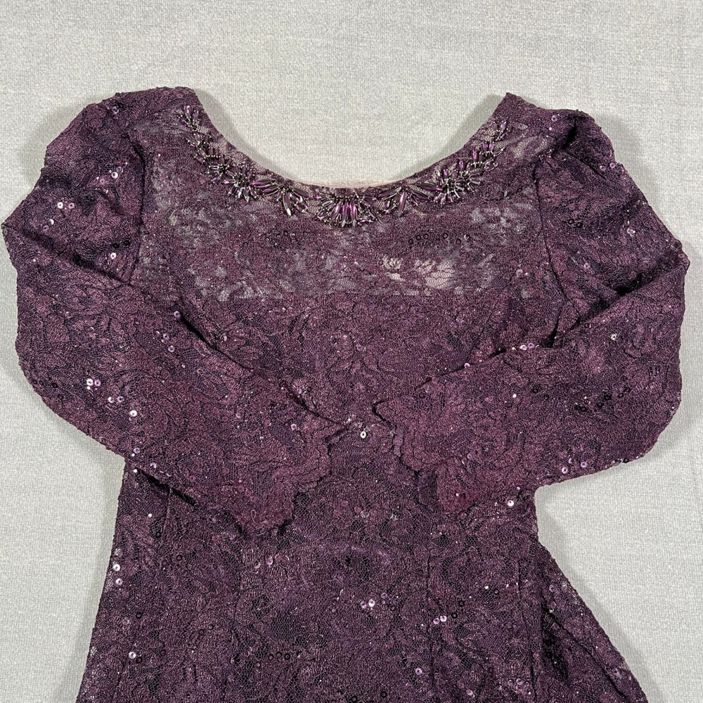 Tahari Arthur S Levine Lace Sequin Beaded Neck Gown Women 6 Purple Dress